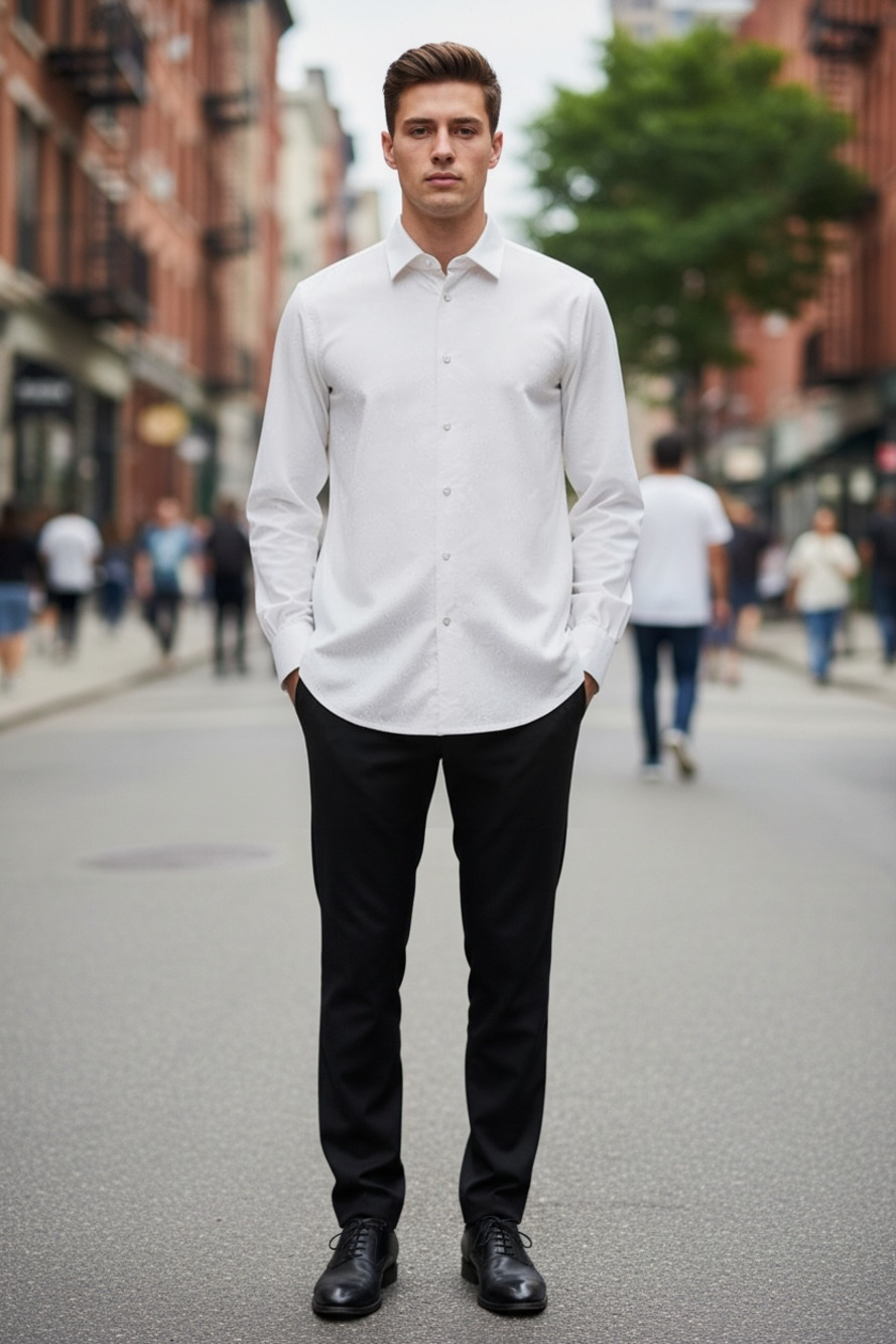 Karl Lagerfeld Paris White Patterned Long Sleeve Button-Up Dress Shirt